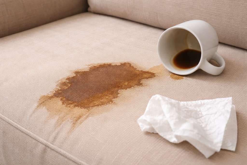 coffee stain on fabric couch before cleaning